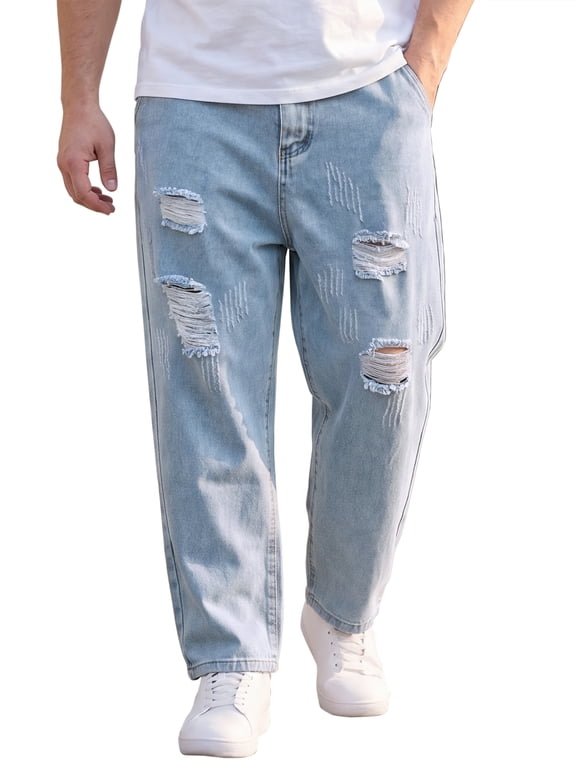 Men's Big & Tall Ripped Jeans Casual Baggy Distressed Denim Pants 44 Light Blue
