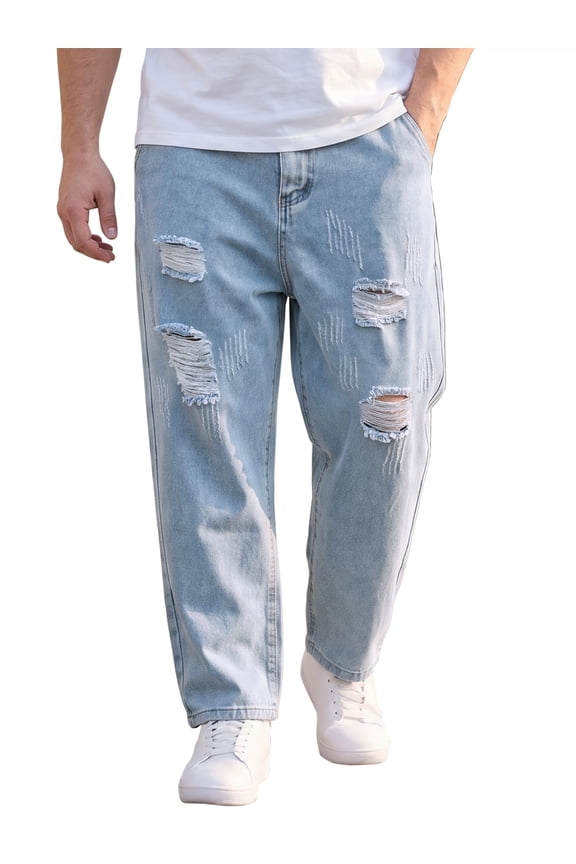 Men's Big & Tall Ripped Jeans Casual Baggy Distressed Denim Pants 46 Light Blue