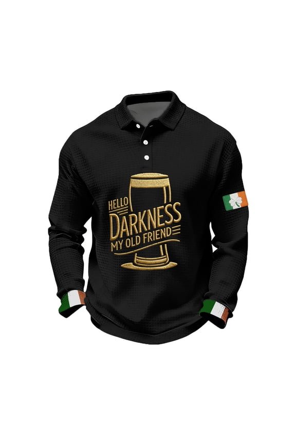 Men's Big and Tall Shamrock Shirts St. Patrick's Day Novelty Waffle Shirts Henley Neck Long Sleeve Pullover Beer Day Hello Darkness My Old Friend Graphic Tee, Black 2XL