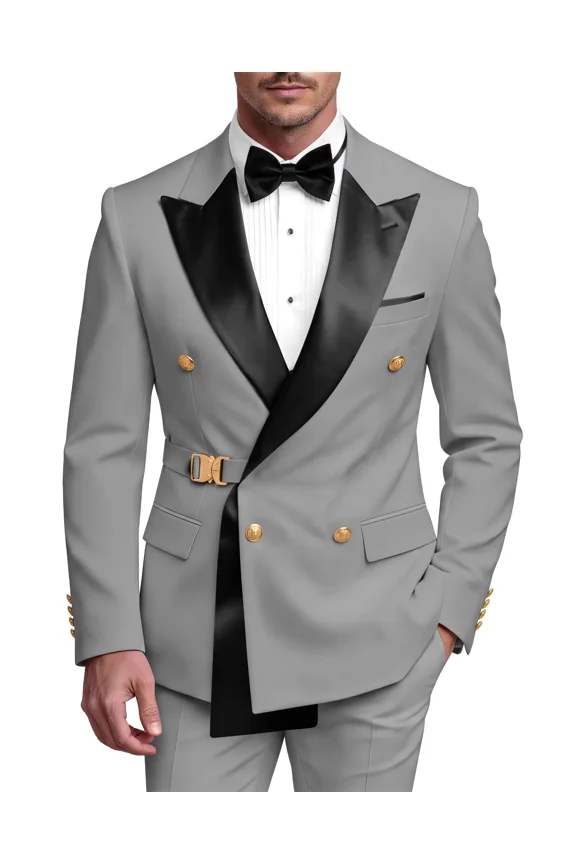 Men's Big & Tall Silver 2 Piece Tuxedo Double Breasted Suit Jacket Pants Wedding Business Attire 4XL