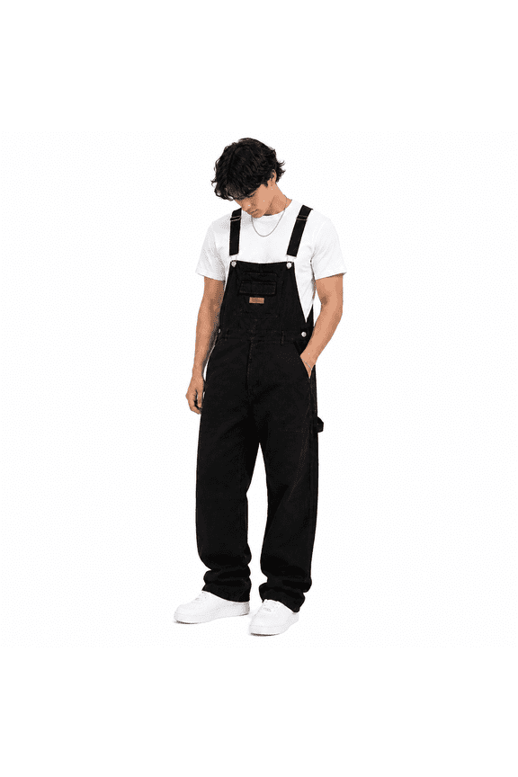 Men's Big & Tall Vintage Washed Black Denim Bib Overalls - Straight Leg Streetwear Workwear with Adjustable Suspenders (S-3XL)