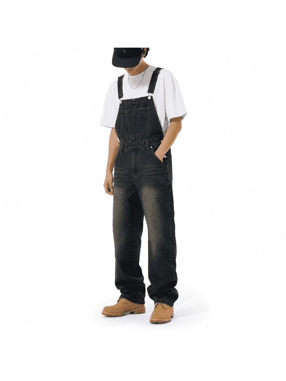 Mens Jean Overalls Baggy Loose Fit Vintage Washed Denim Bib Overalls with Adjustable Straps Distressed Wide Leg Retro Streetwear Casual Daily Jumpsuit for Men