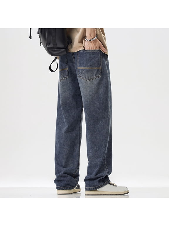 Men's Big & Tall Wide Leg Straight Leg Baggy Jeans Elastic Waist Loose Fit Y2K Denim Pants with Pockets for Jogging, Running and Hiking Size 28-38 Light Blue-A