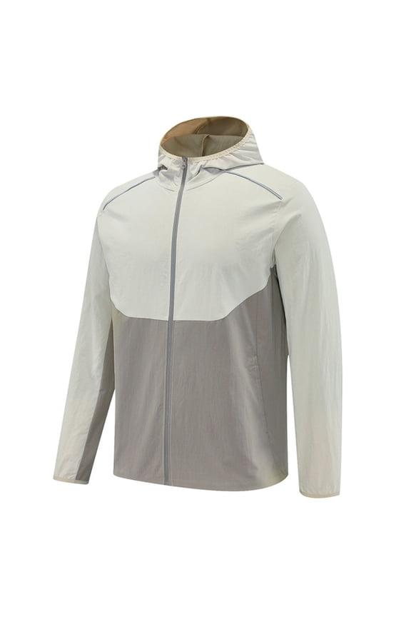 Men's Big & Tall Windproof Waterproof Hooded Jacket Color Block Full Zip Running Gym Jacket Lightweight Sun Protection Jacket,XXXL,Khaki