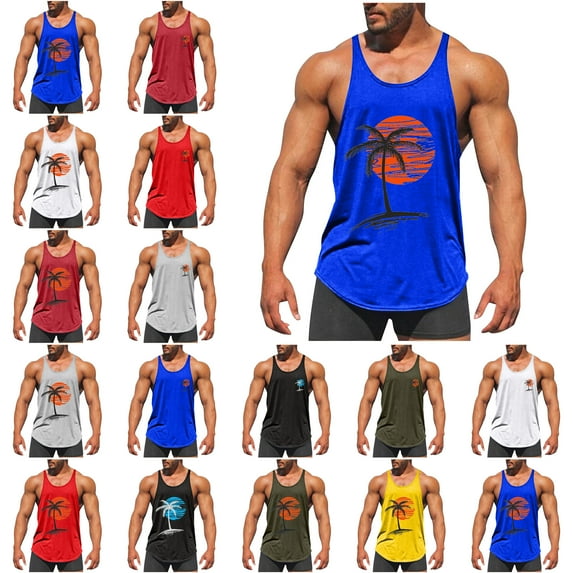 Men's and Big Tank Top Solid Color Exercise Close Fitting High Resilience Round Neck Fitness Plus Size Sleeveless Mens Hawaiian Vest Breathable Tank Tops Novelty 3D Graphic Gym Workout T Shirt