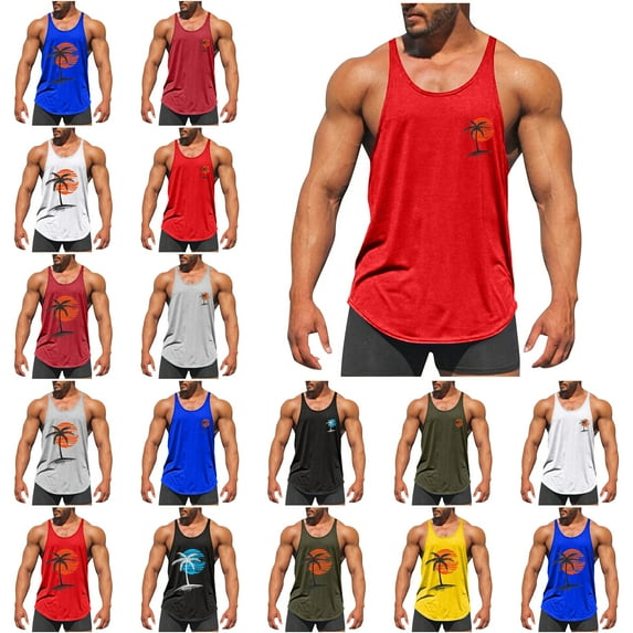 Men's and Big Tank Top Solid Color Exercise Close Fitting High Resilience Round Neck Fitness Plus Size Sleeveless Mens Hawaiian Vest Breathable Tank Tops Novelty 3D Graphic Gym Workout T Shirt