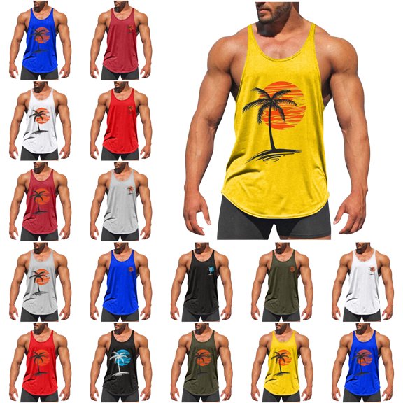 Men's and Big Tank Top Solid Color Exercise Close Fitting High Resilience Round Neck Fitness Plus Size Sleeveless Mens Hawaiian Vest Breathable Tank Tops Novelty 3D Graphic Gym Workout T Shirt