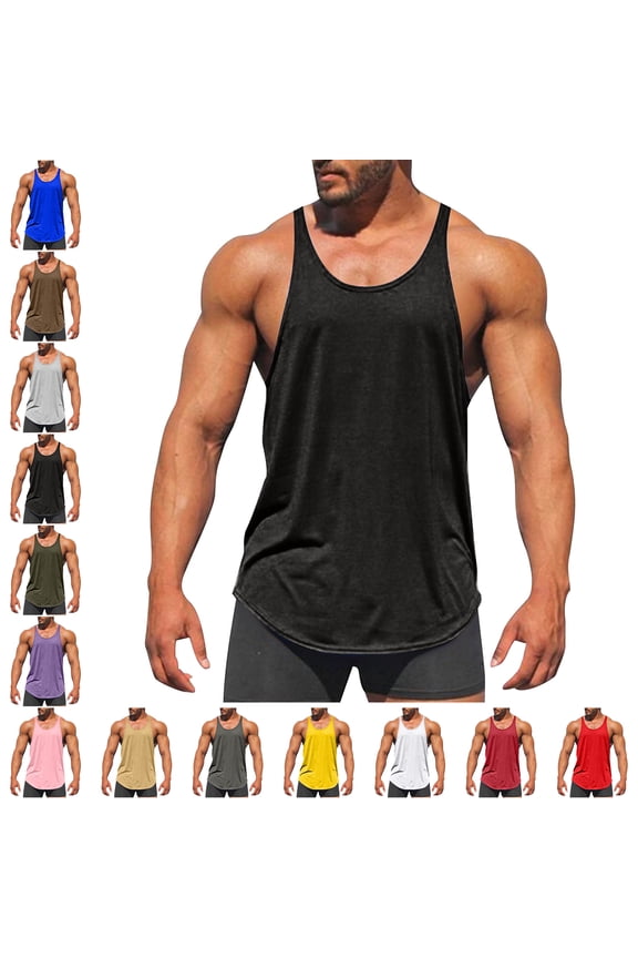 Men's and Big Tank Top Solid Color Exercise Close Fitting High Resilience Round Neck Fitness Short Sleeved Plus Size Sleeveless Muscle T Shirts Solid Crewneck Athletic Workout A Shirts Tees