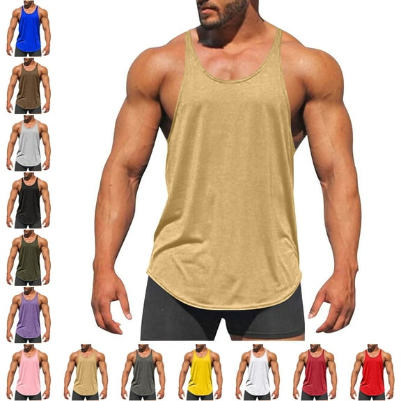 Men's and Big Tank Top Solid Color Exercise Close Fitting High Resilience Round Neck Fitness Short Sleeved Plus Size Sleeveless Muscle T Shirts Solid Crewneck Athletic Workout A Shirts Tees