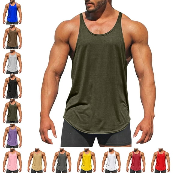 Men's and Big Tank Top Solid Color Exercise Close Fitting High Resilience Round Neck Fitness Short Sleeved Plus Size Sleeveless Muscle T Shirts Solid Crewneck Athletic Workout A Shirts Tees