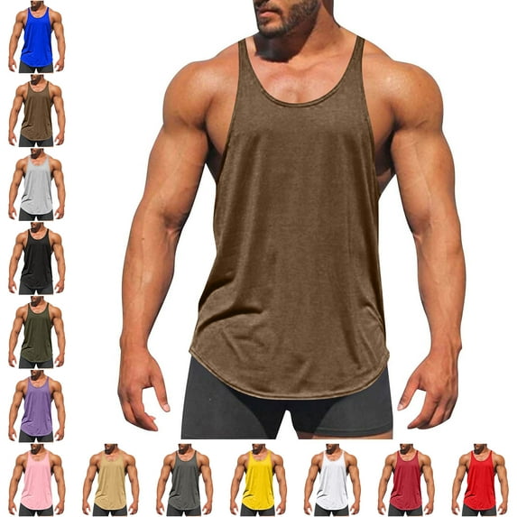 Men's and Big Tank Top Solid Color Exercise Close Fitting High Resilience Round Neck Fitness Short Sleeved Plus Size Sleeveless Muscle T Shirts Solid Crewneck Athletic Workout A Shirts Tees