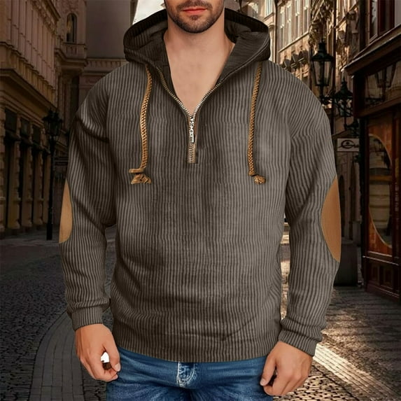 Men's Big and Tall Corduroy Hooded Sweatshirt with Color Block Design and Stand Collar