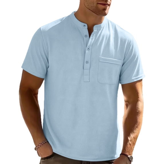 Men's Big and Tall Henley T-Shirts, Short Sleeve Pocket Waffle Knit Loose Fit Shirt Summer Oversized Button Tee Big and Tall Size S-3XL Light Blue