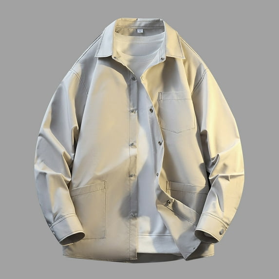 Men's Big and Tall Jacket Solid Color Long Sleeve Turndown Collar Woolen Button Pocket Design for Casual Use
