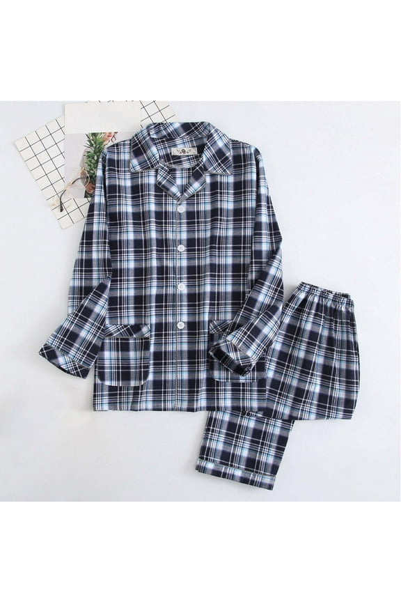 Men's Big and Tall Pajama Set Plaid 100% cotton Comfy Sleepwear Turndown Collar Loose Fit