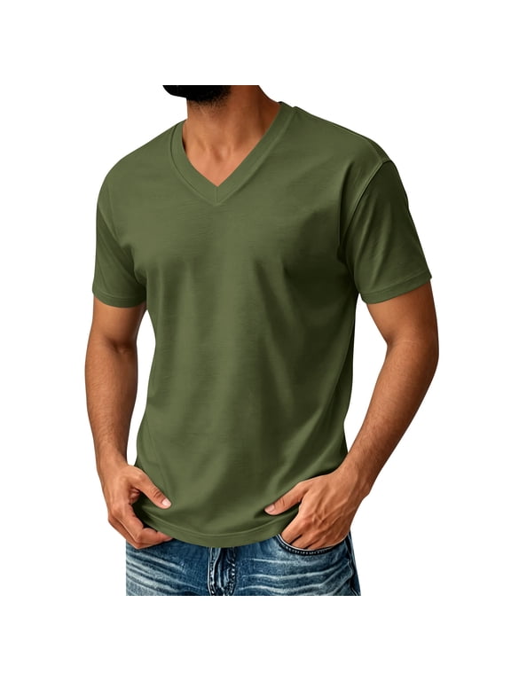 Men's Big and Tall Shirts Cotton V Neck Plus Size Short Sleeve Soft Casual 2026 Summer Tee Army Green 3XL