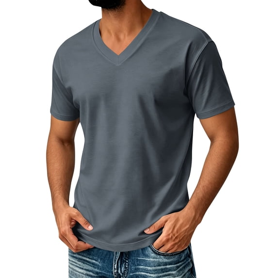 Men's Big and Tall Shirts Cotton V Neck Plus Size Short Sleeve Soft Casual 2026 Summer Tee Dark Gray XL