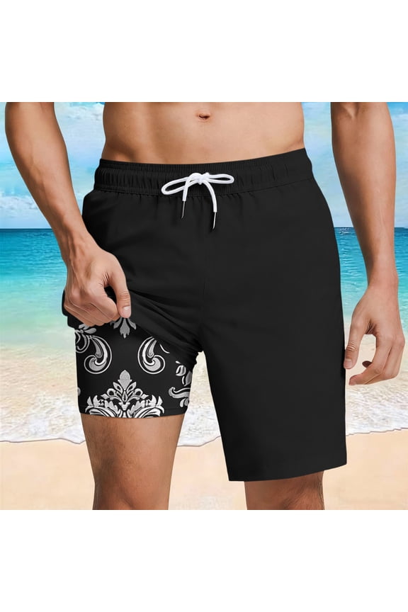 Men's Big and Tall Shorts with Pockets Elastic Waist Hawaiian Tropical Print Double-layer Drawstring Loose Beach Swim Trunks