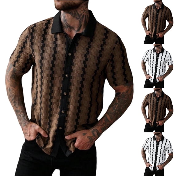 Men's Big and Tall Summer Striped Shirts Casual Button Down Knited Textured Short Sleeve Collared Vintage Beach Shirts Size S-5XL Brown