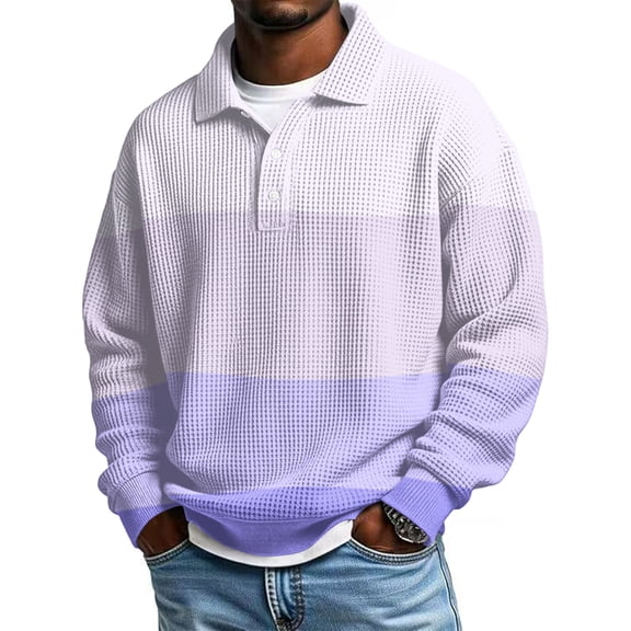 Men's Big and Tall Waffle Polo Shirt Vintage Color Block Lapel Collar Long Sleeve Polo Shirts