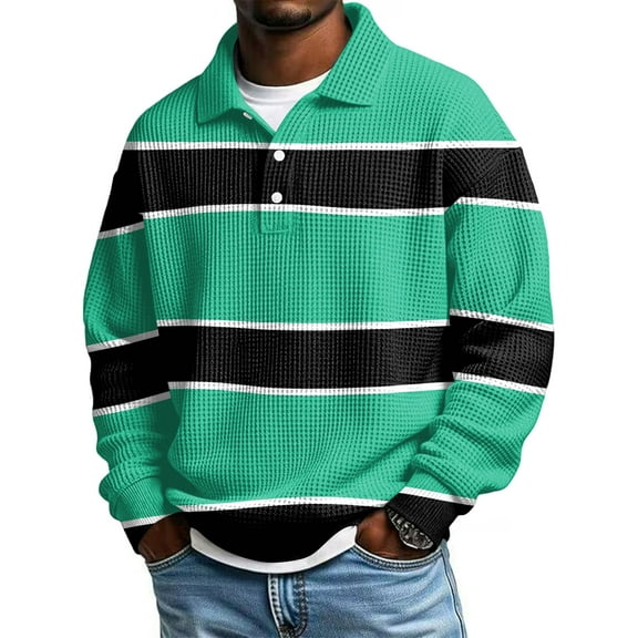 Men's Big and Tall Waffle Polo Shirts Button Collar Trendy Long Sleeve Polo Shirt, Striped Color Block, Size S-5XL