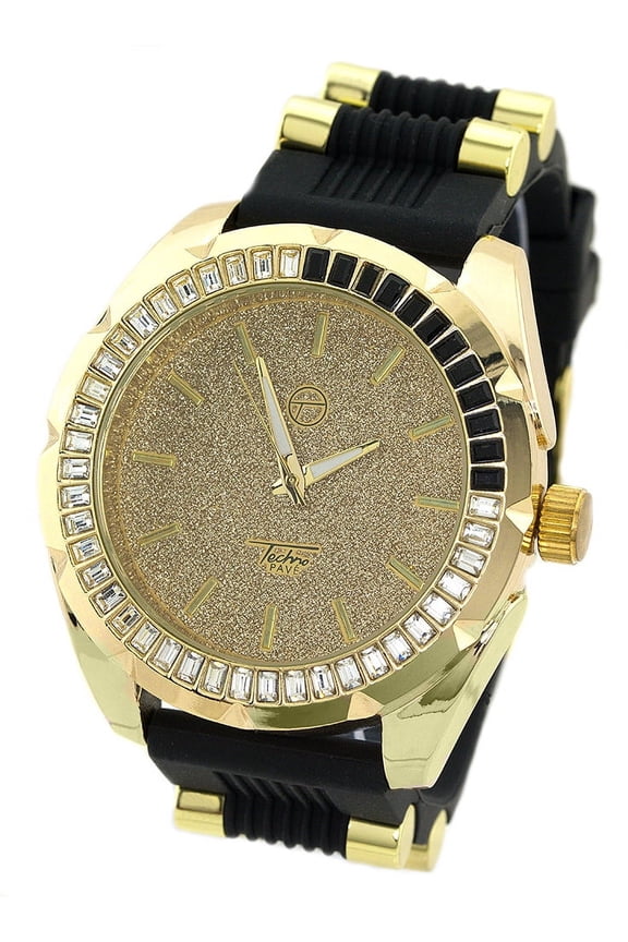 Men's Big gold -tone CZ Clubbing watch 52mm 18mm thick case. CZ bezel, Gold bling dial, 24mm wide black sport strap with gold bullets fits 7.5-9.5 wrists.