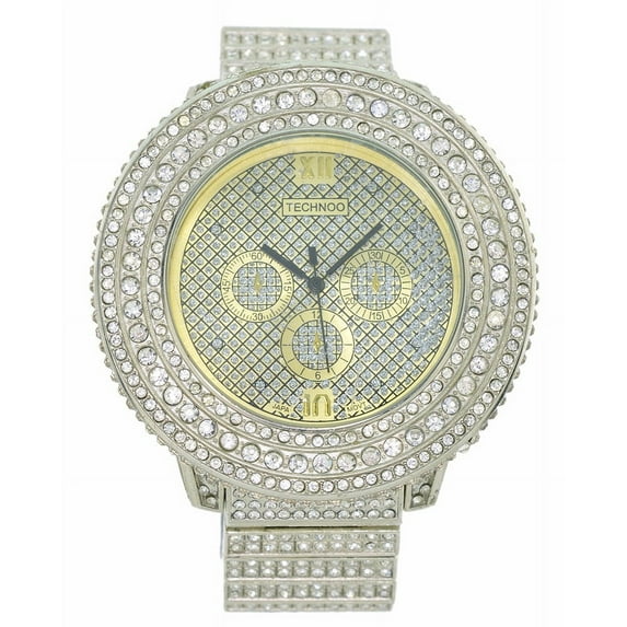 Men's Big heavy Gold-tone ice-out Clubbing Watch 58mm 15mm thick case, CZ bezel, 3 nonfunctional sub-dials, 24mm wide gold-tone CZ metal link bracelet fits 8.5 inches wrist.