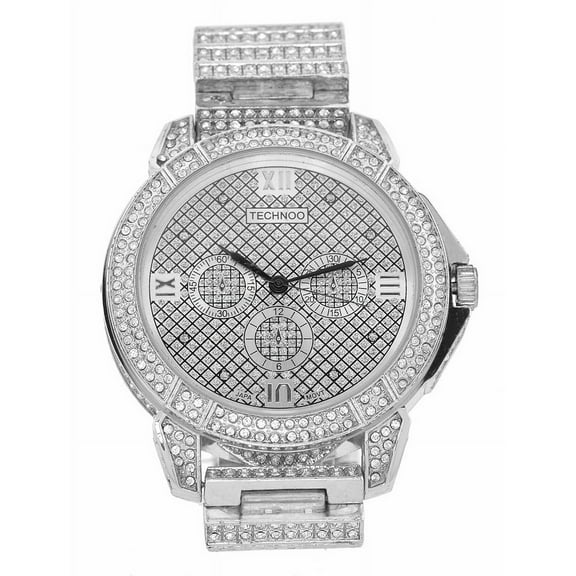 Men's Big silver-tone CZ iceout Clubbing watch 55mm 13mm thick case. Silver bling dial, 3 nonfunctional sub-dial, 24mm wide CZ iceout silver-tone metal link bracelet fits 8.5 inches wrist