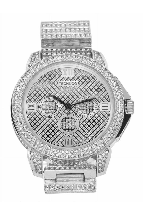 Men's Big silver-tone CZ iceout Clubbing watch 55mm 13mm thick case. Silver bling dial, 3 nonfunctional sub-dial, 24mm wide CZ iceout silver-tone metal link bracelet fits 8.5 inches wrist