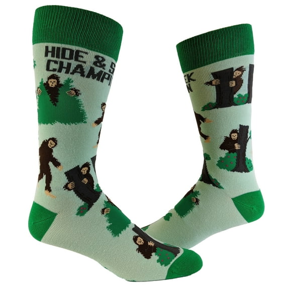 Men's Bigfoot Hide and Seek Champion Socks Funny Camping Sasquatch Knit Novelty Footwear