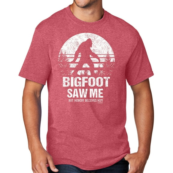 Men's Bigfoot Saw Me Funny Sasquatch T-shirt, Medium Heather Red
