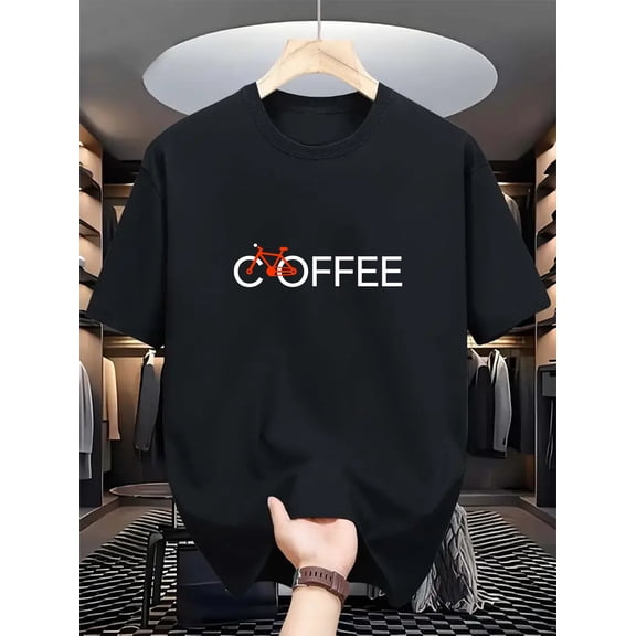 Men's Bike Jersey Cycling Shirt - Beige & Black Coffee Bicycle Print Breathable Stretch Fabric, Casual Round Neck T-Shirt for Bike Training, Outdoor Summer Activewear, Machine Washable Top for