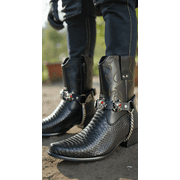 Men s Biker Boot Chains   Gothic Skull Pirate Boot Strap Pair   Punk Rock Western Motorcycle Accessories   Black Faux Leather with Silver Skulls & Red Eye Studs   Adjustable 12" 16"