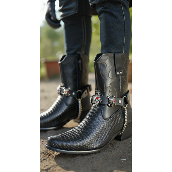 Mens Biker Boot Chains Gothic Skull Pirate Boot Strap Pair Punk Rock Western Motorcycle Accessories Black Faux Leather with Silver Skulls & Red Eye Studs Adjustable 12"16"