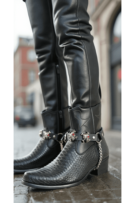 Mens Biker Boot Chains  Western Skull Pirate Boot Straps with Silver Metal Chain & Red Eye Charms  Pair of Faux Leather Straps  Gothic Punk Rocker Cowboy Motorcycle Rider Accessories