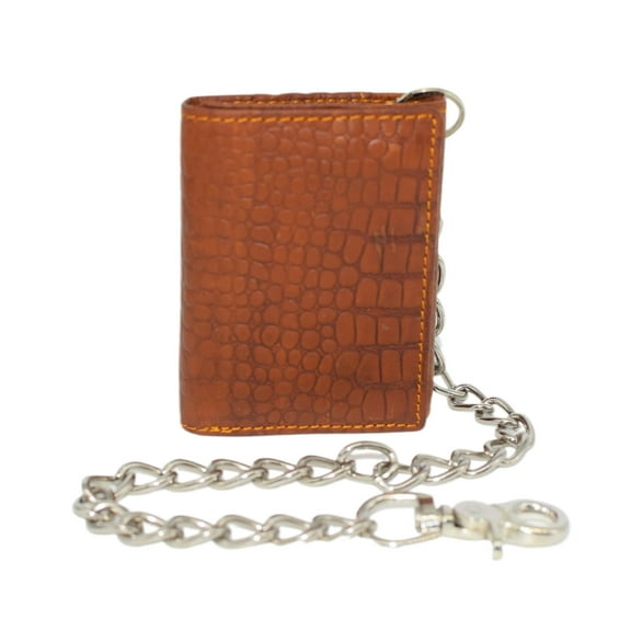 Men's Biker Chain Trifold Wallets - RFID Blocking Distressed Croco Leather Biker Chain Wallet With Snap Closure Croco Tan