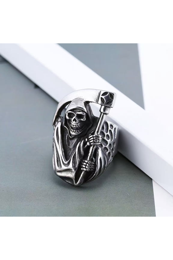 Men's Biker Goth Death Skull Grim Reaper Ring Stainless Steel