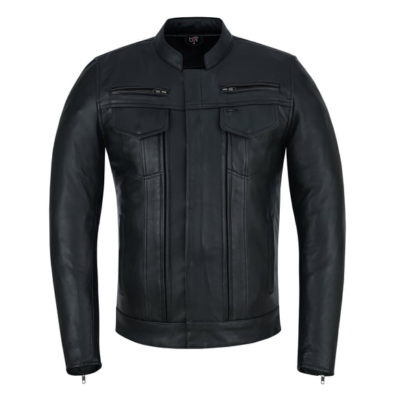 Men's Biker Leather Jacket with CE Level 1 Armor, Slim Fit Protective Zipper Style Black-L