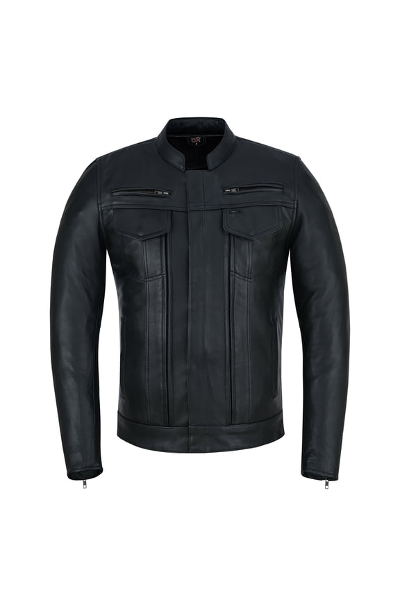 Men's Biker Leather Jacket with CE Level 1 Armor, Slim Fit Protective Zipper Style Black-M