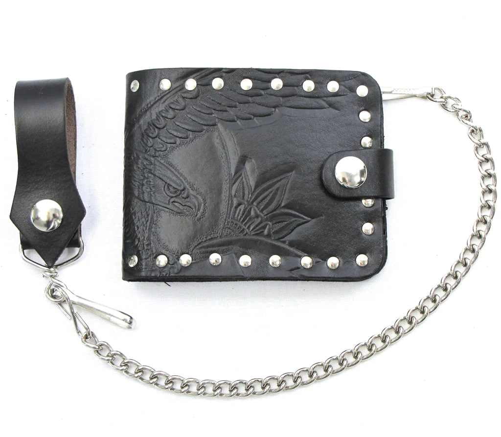 Men's Biker Style Bi-Fold Black Leather Chain Wallet