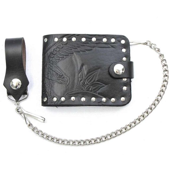 Men's Biker Style Bi-Fold Black Leather Chain Wallet, Studded W/ Embossed Eagle