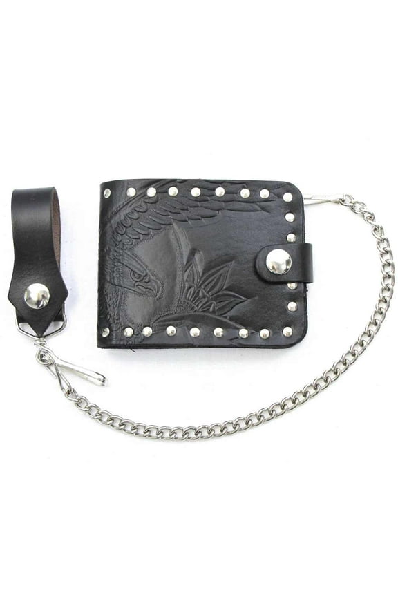 Men's Biker Style Bi-Fold Black Leather Chain Wallet, Studded W/ Embossed Eagle