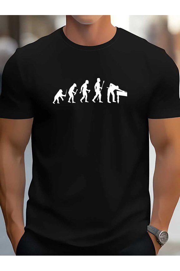 Men's Billiards Evolution Graphic T-Shirt - Casual Summer Short Sleeve, Beige with Black & White Pool Player Silhouettes, Lightweight Cotton, Round Neck, Machine Washable