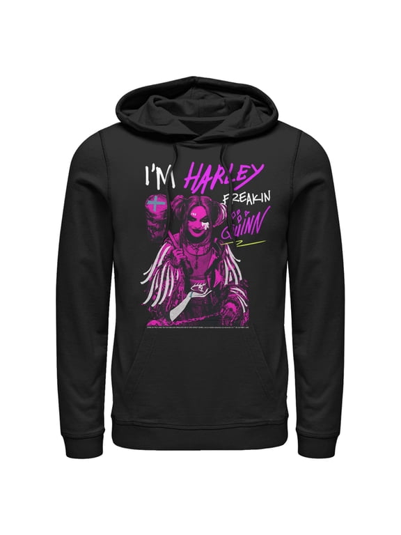 Men's Birds of Prey Harley Freakin' Quinn Cartoon Pull Over Hoodie Black Large