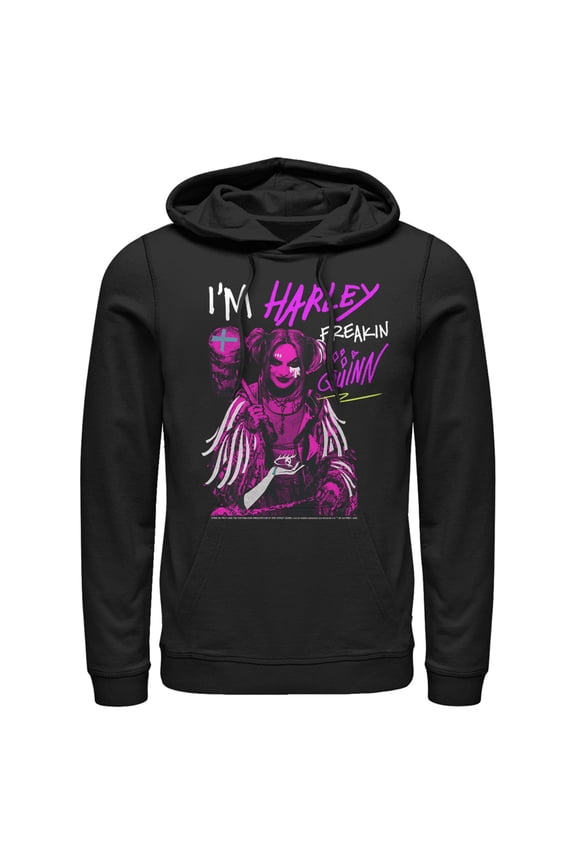 Men's Birds of Prey Harley Freakin' Quinn Cartoon Pull Over Hoodie Black X Large