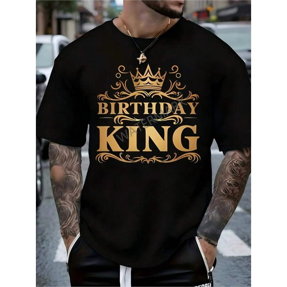 Men's "Birthday King" Graphic T-Shirt - Black Cotton Knit With Golden Crown Design - Comfortable, Breathable & Stylish For Casual Wear, Birthdays, Or Valentine's Day Gift, Birthday Shirt