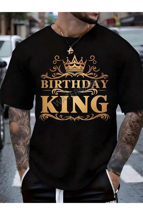 Men's "Birthday King" Graphic T-Shirt - Black Cotton Knit With Golden Crown Design - Comfortable, Breathable & Stylish For Casual Wear, Birthdays, Or Valentine's Day Gift, Birthday Shirt
