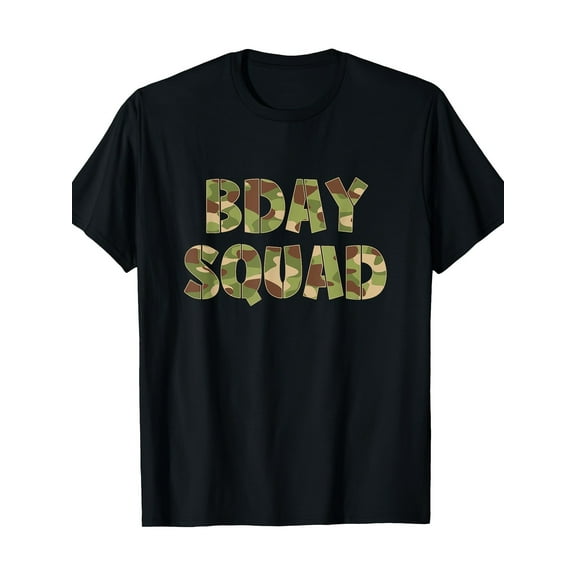 Men's Birthday Squad Camo Print T-Shirt - 100% Cotton, Casual Crew Neck, Short Sleeve, Machine Washable, Black with Yellow Camouflage Lettering