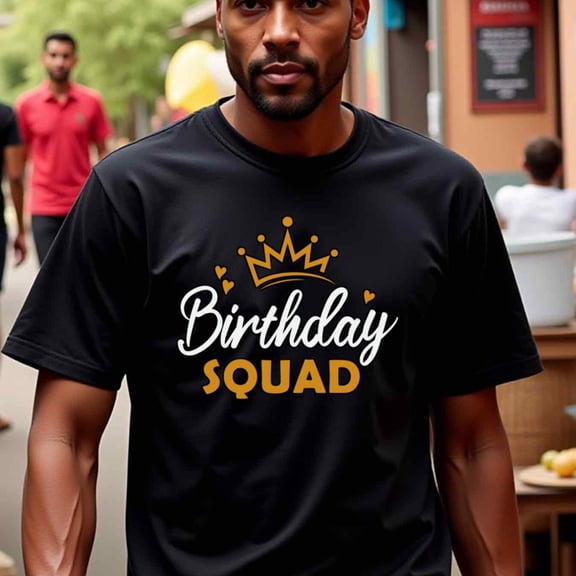 Men's Birthday Squad Graphic Thirt - Heavyweight 180gsm Cotton Crew Neck Tee for Birthday Party Outfits, Valentines, Thanksgiving - Regular Fit Everyday Casual Shirt - Machine Washable Black Crewnec