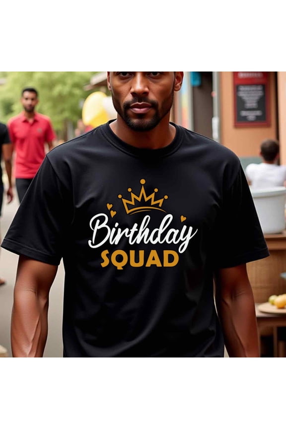 Men's Birthday Squad Graphic Thirt - Heavyweight 180gsm Cotton Crew Neck Tee for Birthday Party Outfits, Valentines, Thanksgiving - Regular Fit Everyday Casual Shirt - Machine Washable Black Crewnec